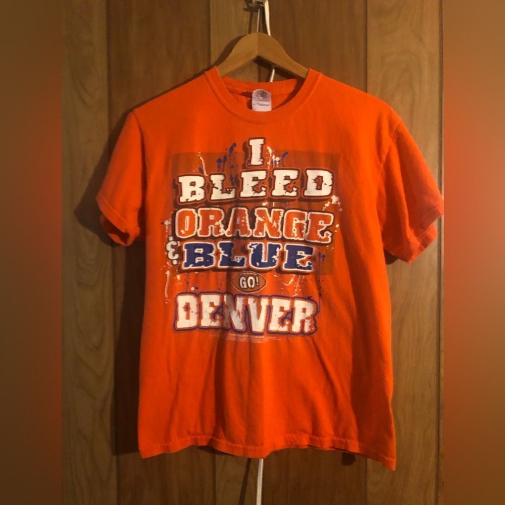 I Bleed Orange Blue Go Denver. Denver Broncos shirt. Size Medium. Orange & Blue